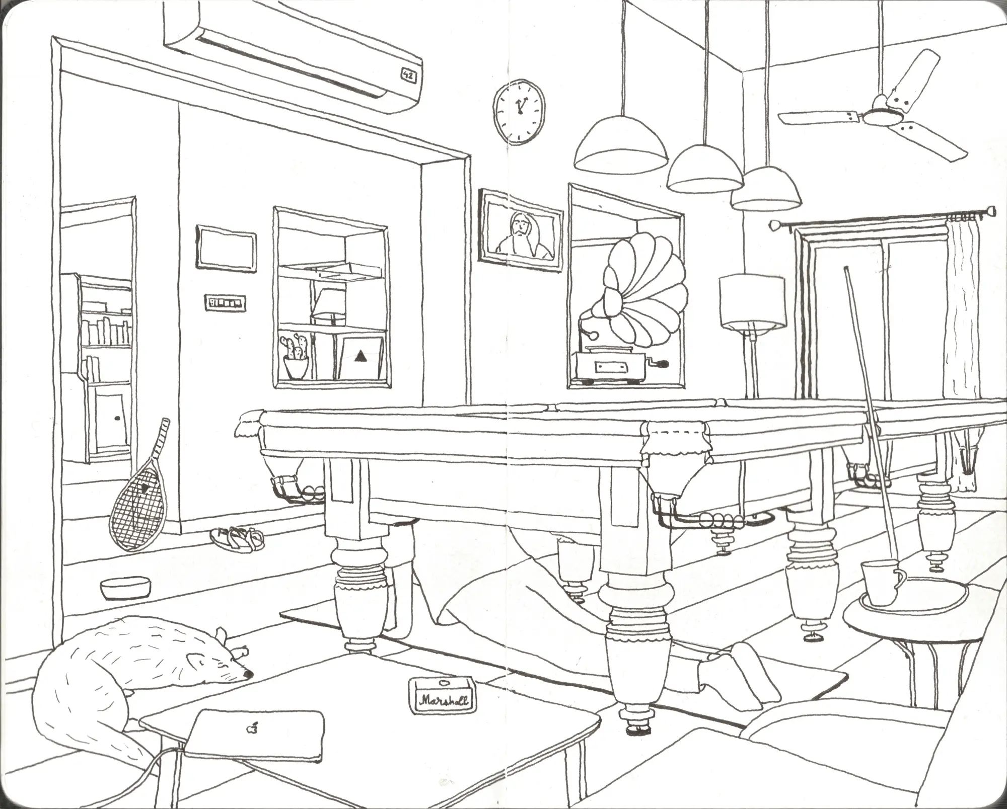 A sketch of our studio showing a pool table, a person doing a yoga pose under it, a dog, some artwork, a vinyl player - meant to convey a space that is full of color and small objects.