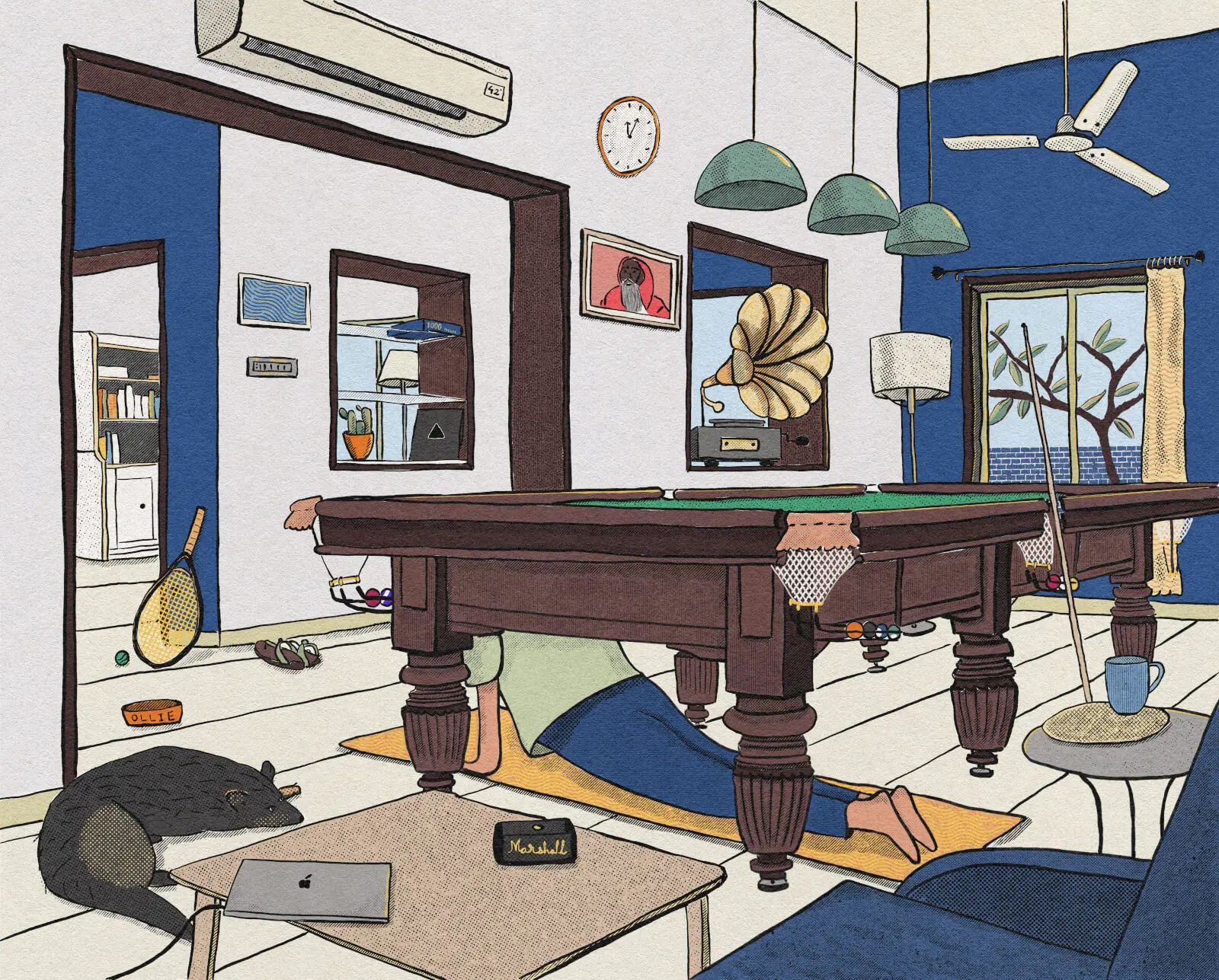An illustration of our studio showing a pool table, a person doing a yoga pose under it, a dog, some artwork, a vinyl player - meant to convey a space that is full of color and small objects.